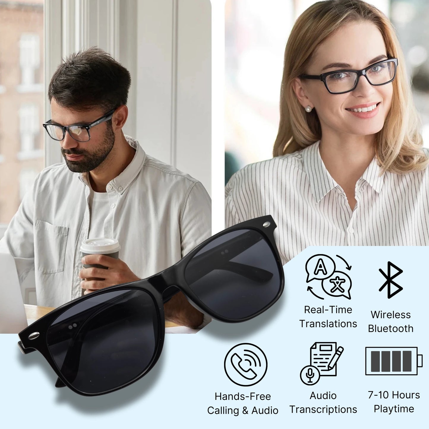 A man and woman wearing anti-blue light transparent ai smart glasses and  a picture of the sunglasses variant with product feature text and icons.