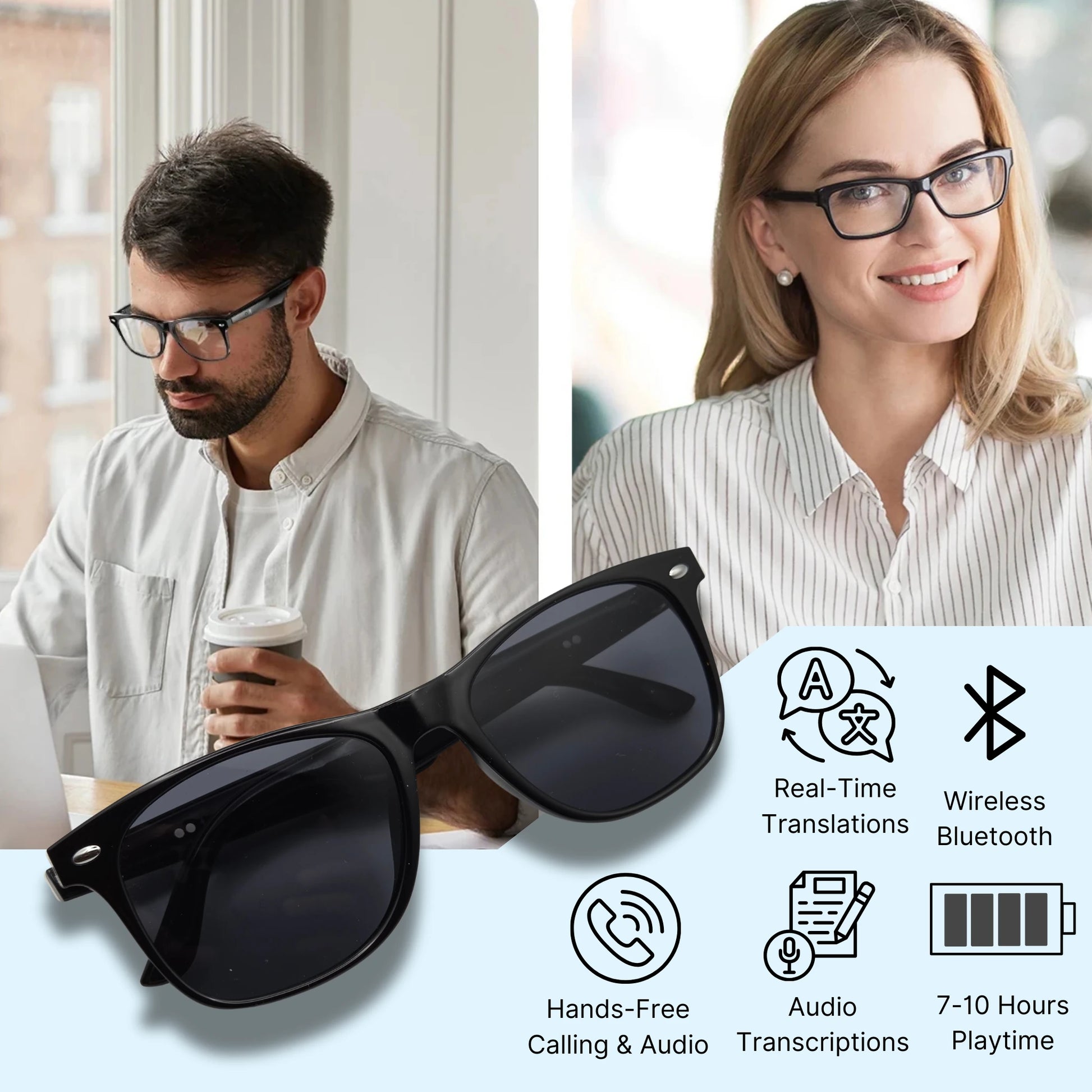 A man and woman wearing anti-blue light transparent ai smart glasses and  a picture of the sunglasses variant with product feature text and icons.