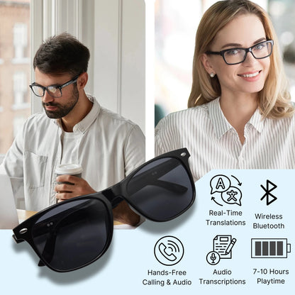 A man and woman wearing anti-blue light transparent ai smart glasses and  a picture of the sunglasses variant with product feature text and icons.