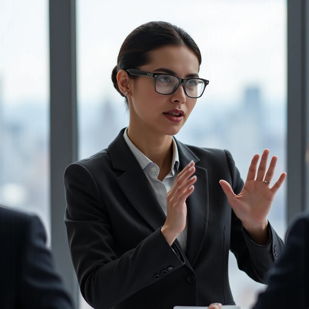 Woman in a business suit and ai smart glasses speaking with hands raised in an office setting