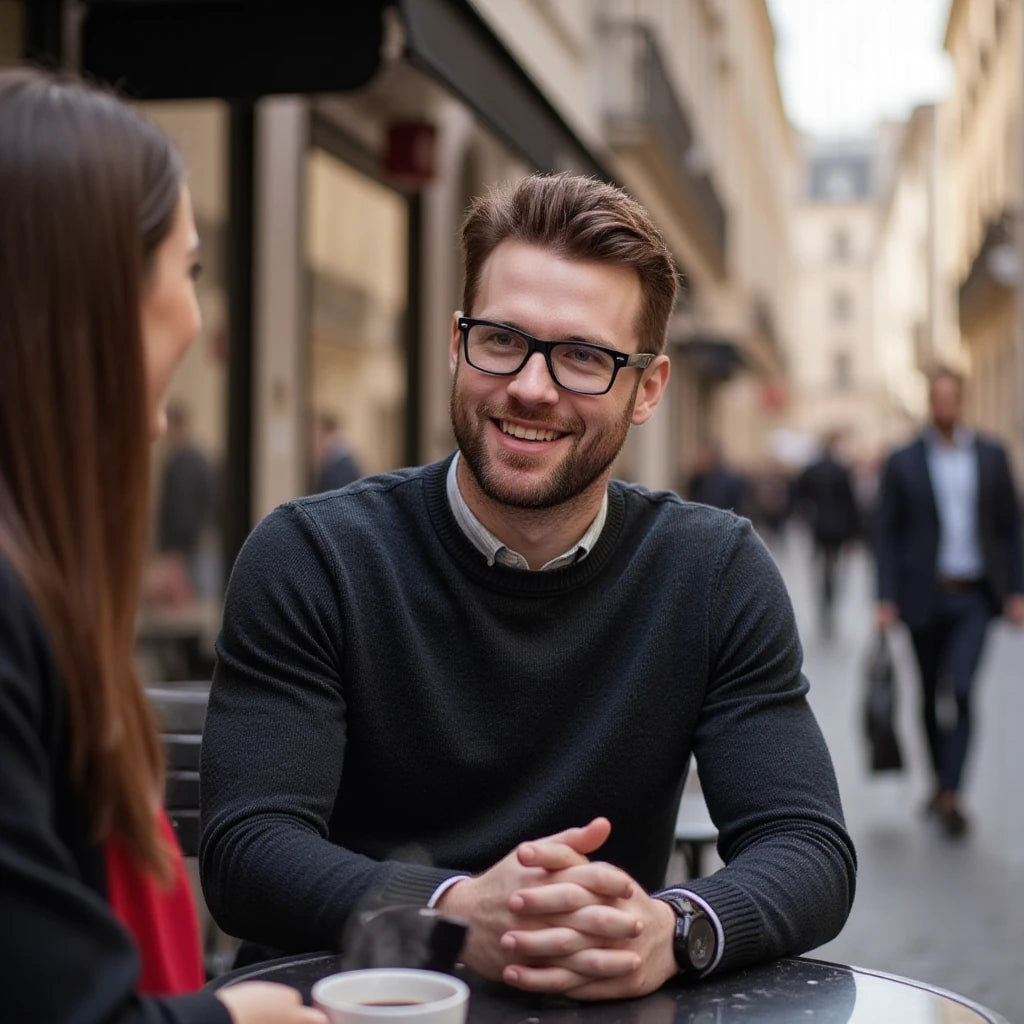 Male digital nomad, wearing ai smart glasses, sitting at a table outdoors, smiling and engaged in conversation with a woman.