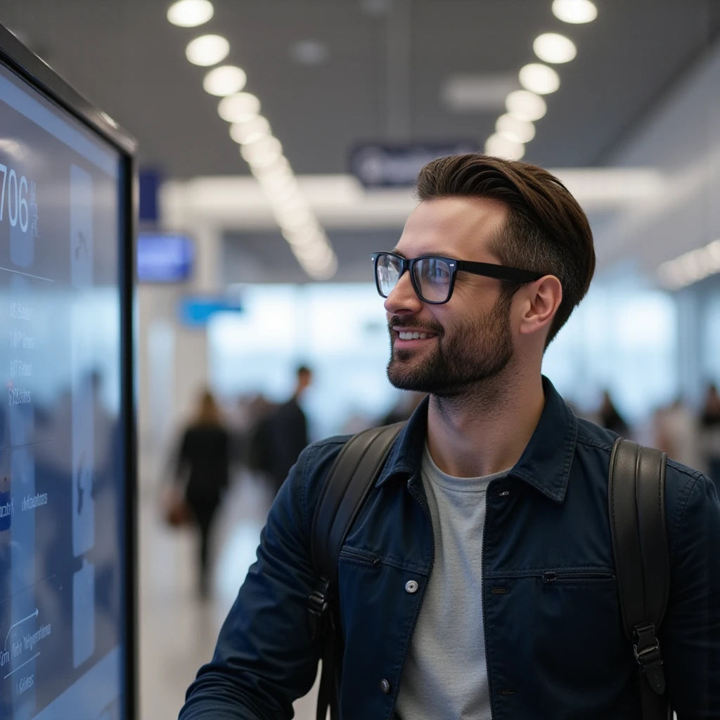 Man with ai smart glasses looking at a digital display screen at an airport