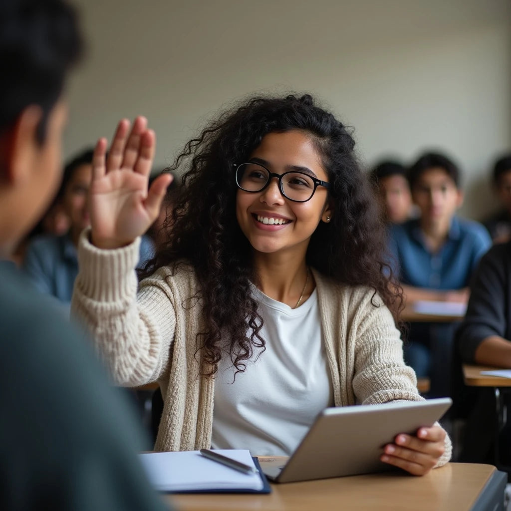 Student in a classroom wearing ai smart glasses raising hand and using a tablet