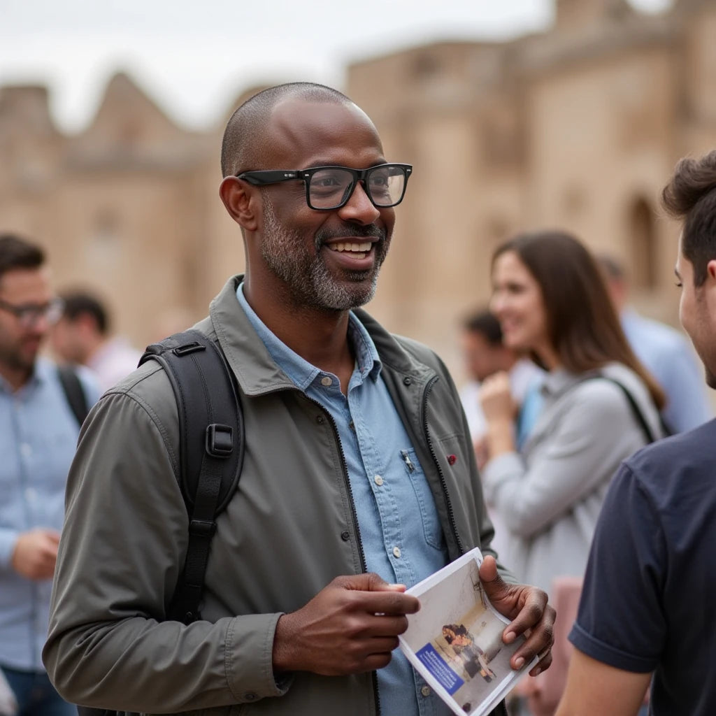 Male tourist with ai smart glasses and backpack holding a book in an outdoor setting communicating with locals