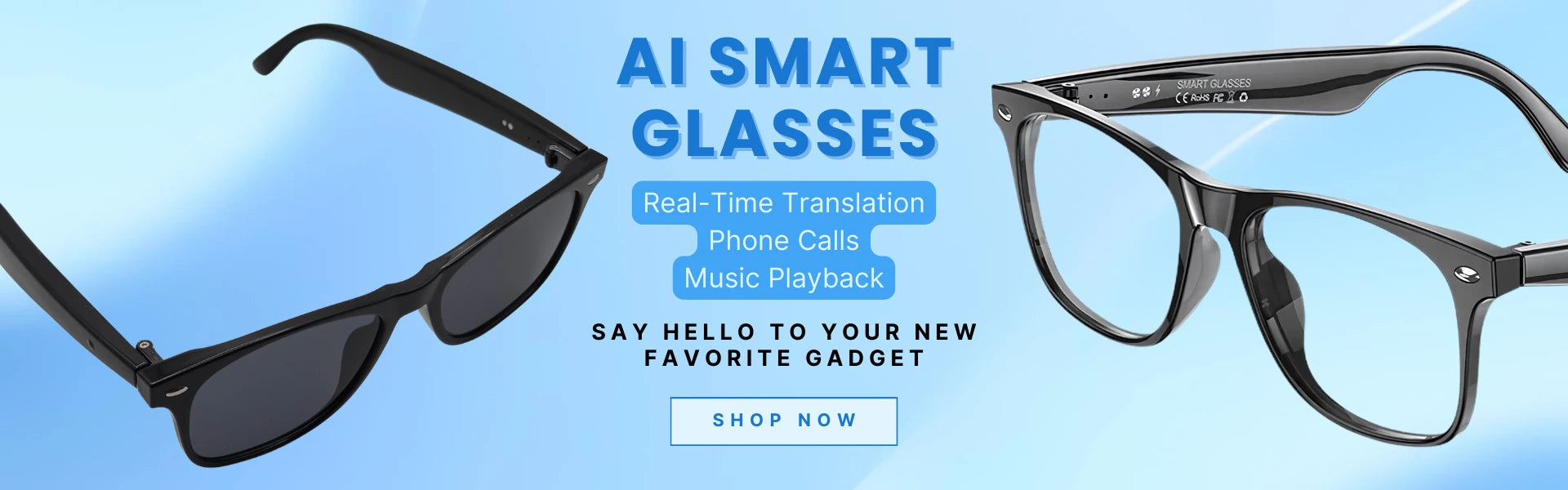 Smart AI translation glasses with promotional text on a blue background