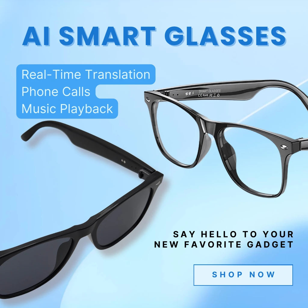 Square banner image showcasing black framed ai smart sunglasses with features on an abstract blue and white background.