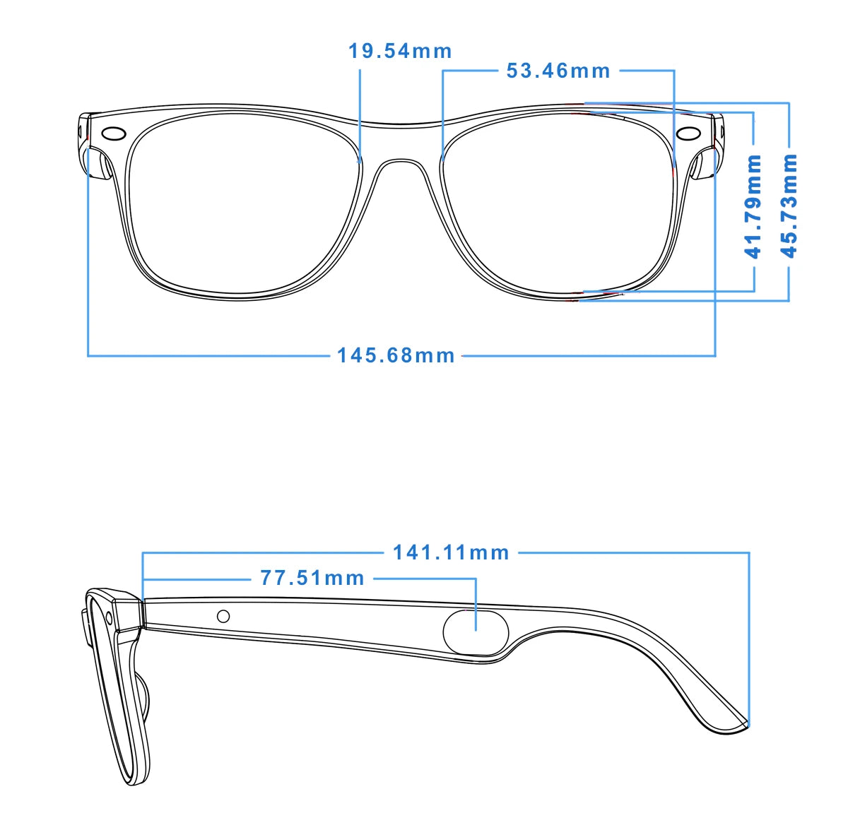 Technical drawing of eyeglasses with dimensions labeled