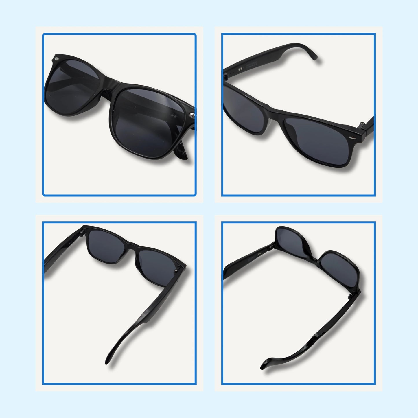 Black sunglasses shown from multiple angles on a light blue background