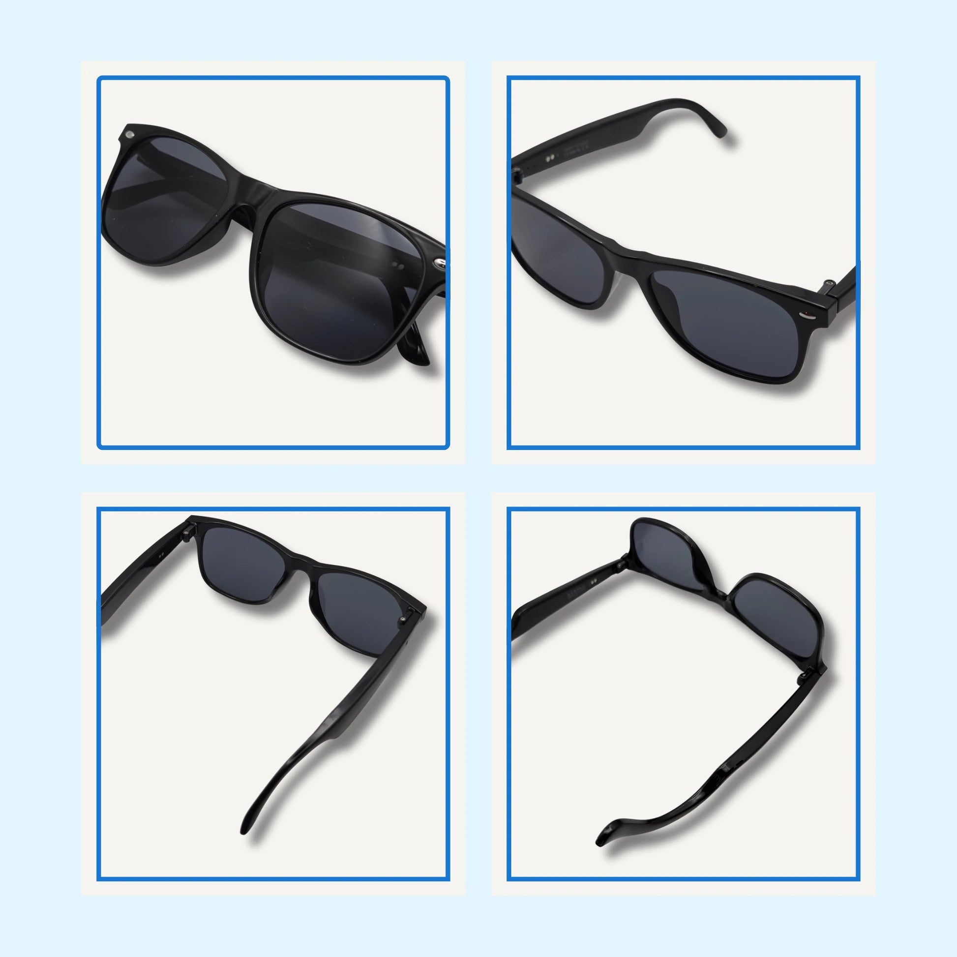 Black sunglasses shown from multiple angles on a light blue background