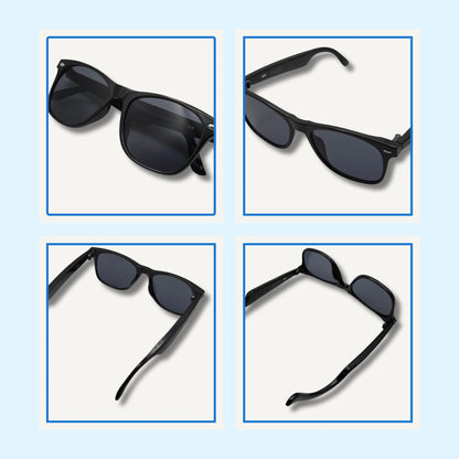 Black sunglasses shown from multiple angles on a light blue background