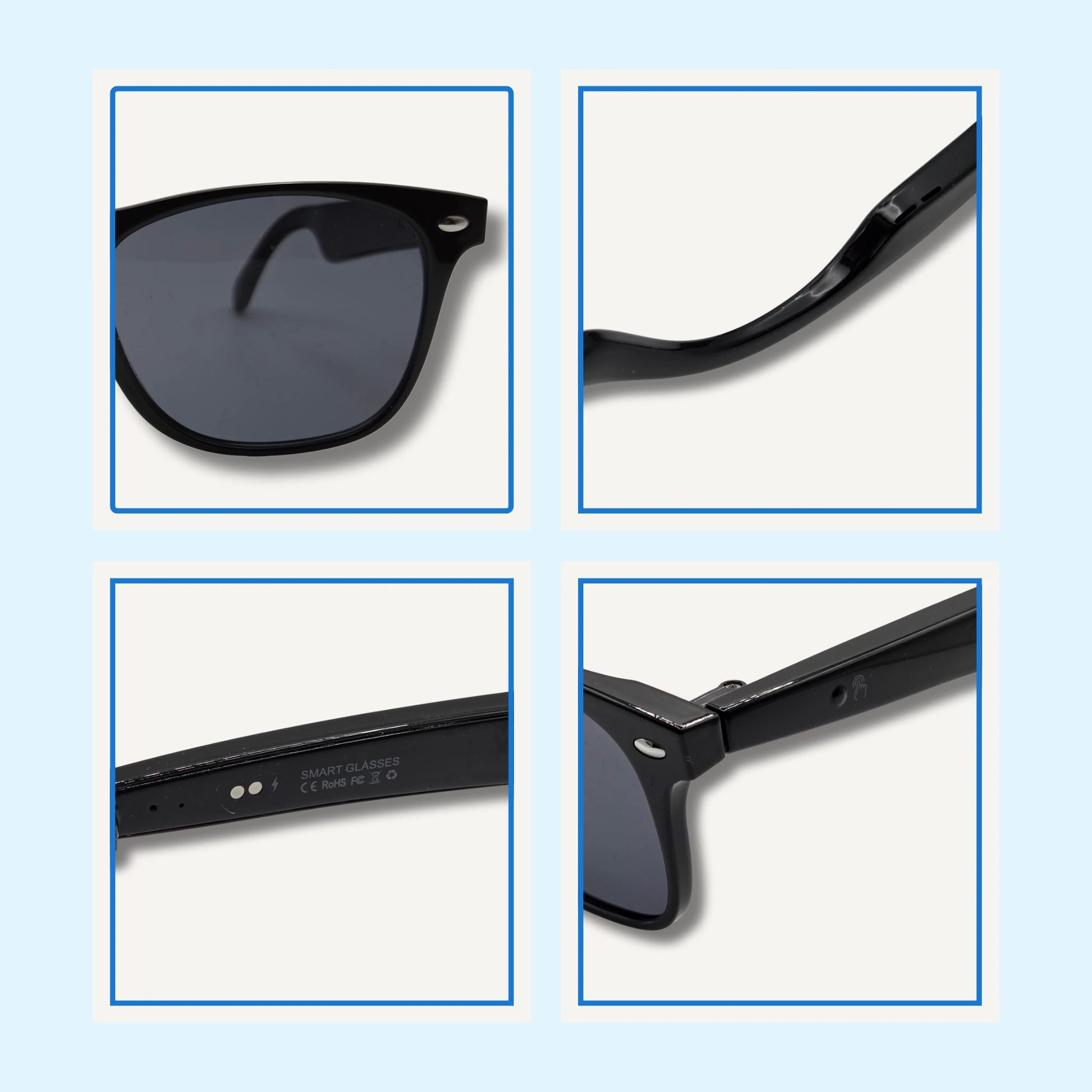 Close-up of black sunglasses with a blue border on a light blue background