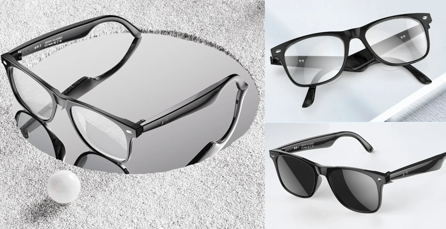 Collection of sunglasses with a focus on design and measurements.