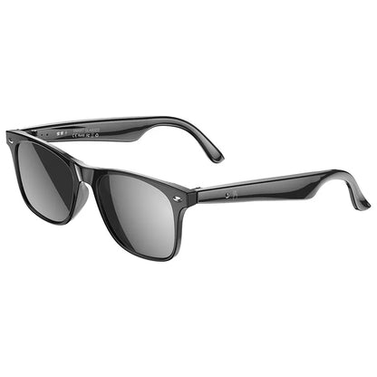 Black framed smart sunglasses on a white background