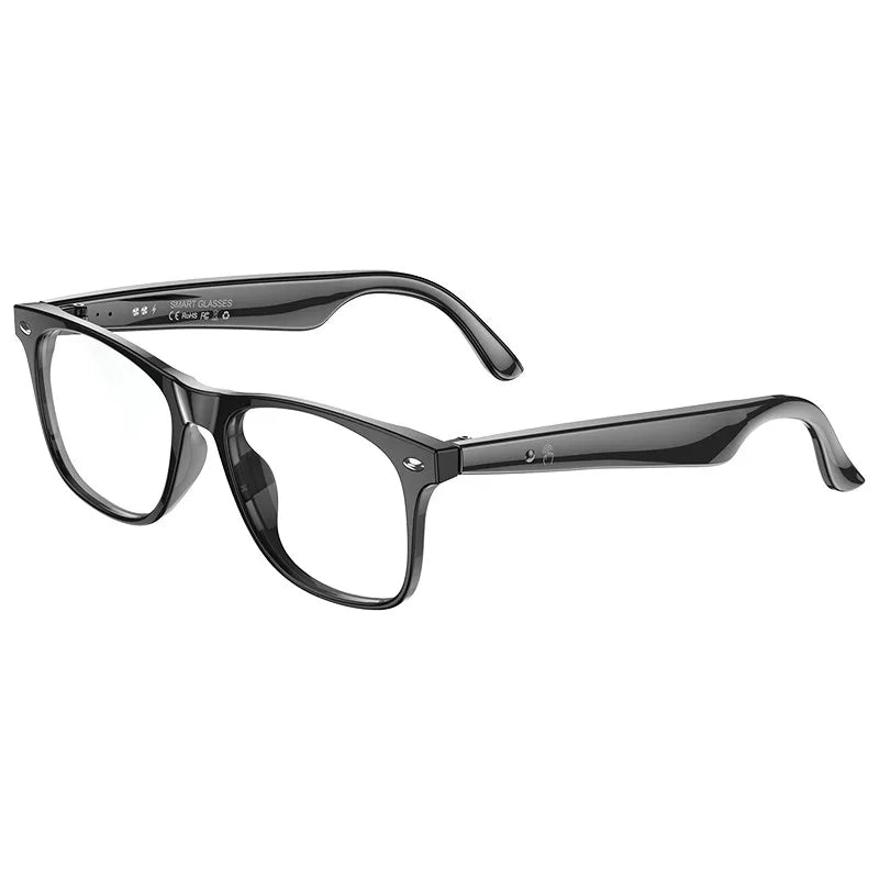 Black frame smart eye glasses with transparent lenses on a white background