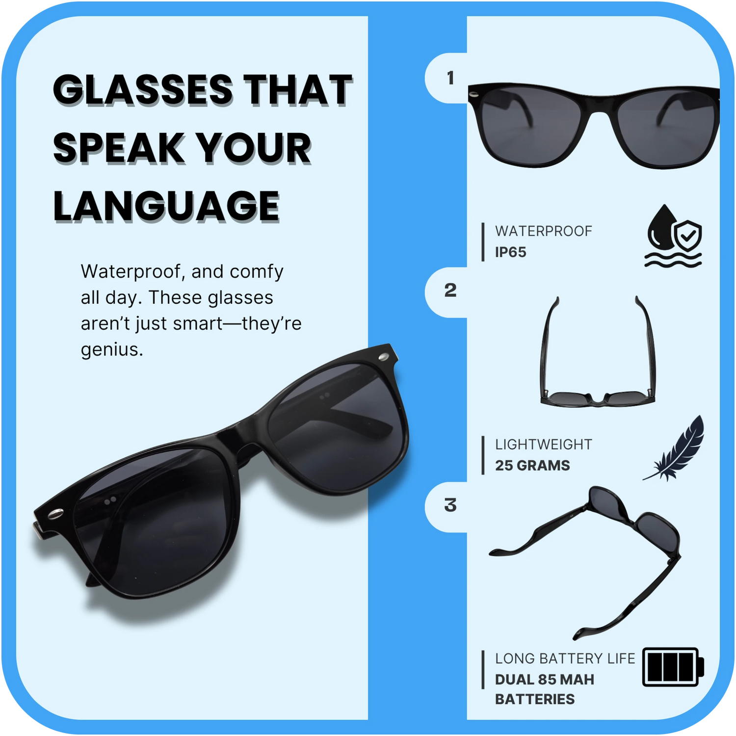Sunglasses with waterproof, lightweight and battery features highlighted on a blue and white background