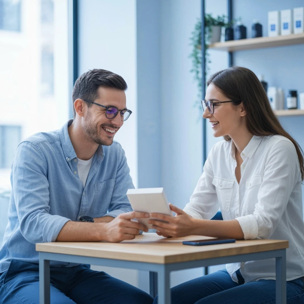 Two people sitting at a table with a tablet, smiling and engaged in conversation.