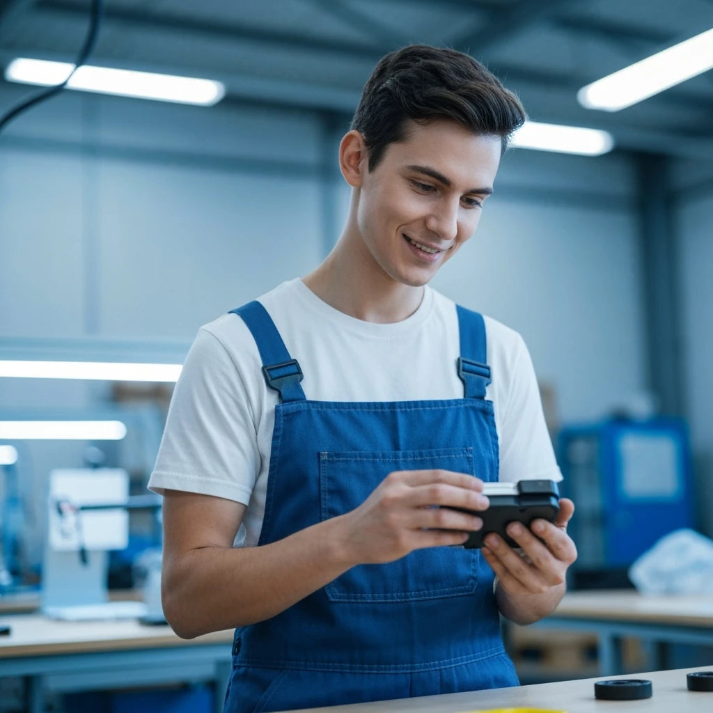 Man in blue overalls using a smartphone in an industrial setting