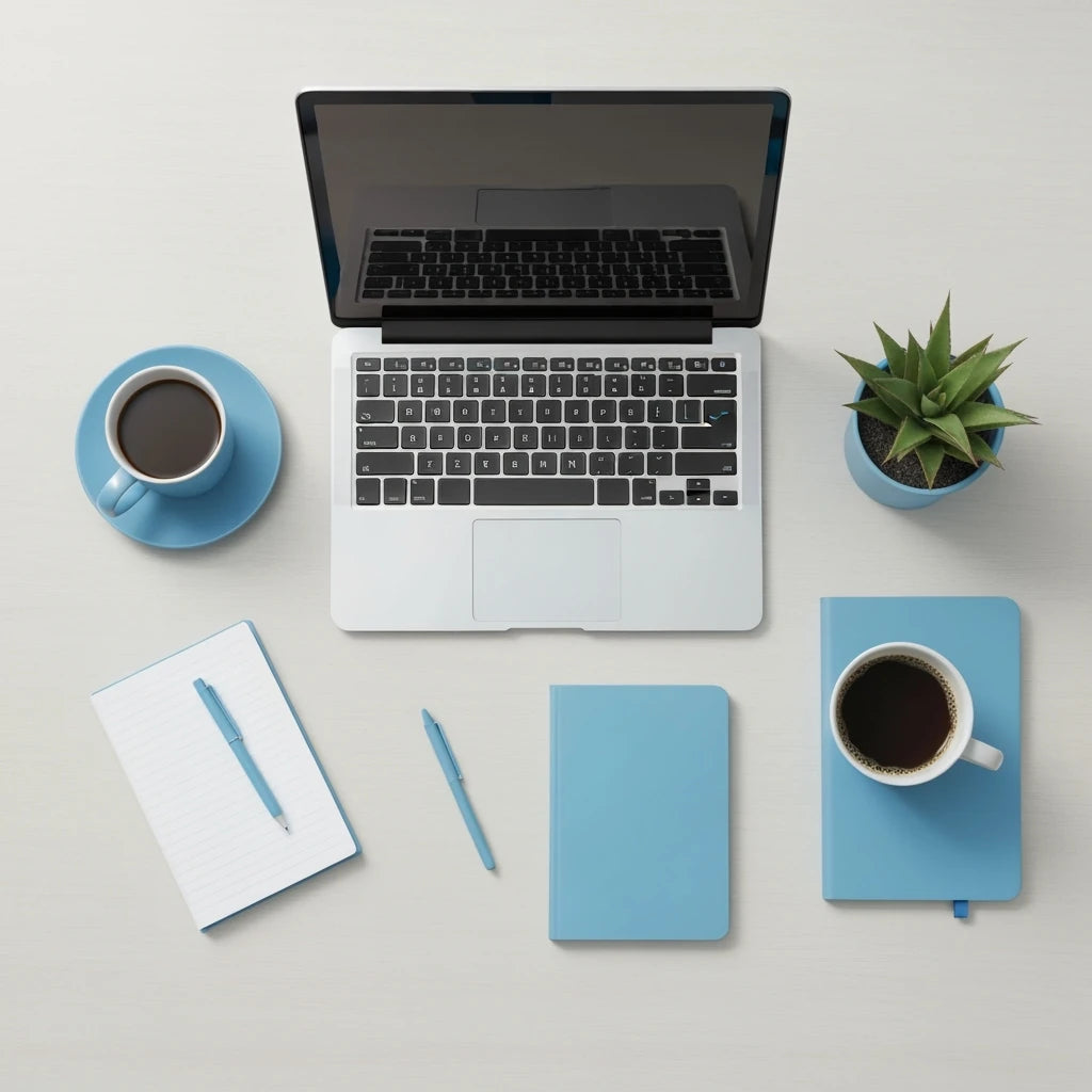 Laptop on a desk with coffee cups, notebooks, and a plant