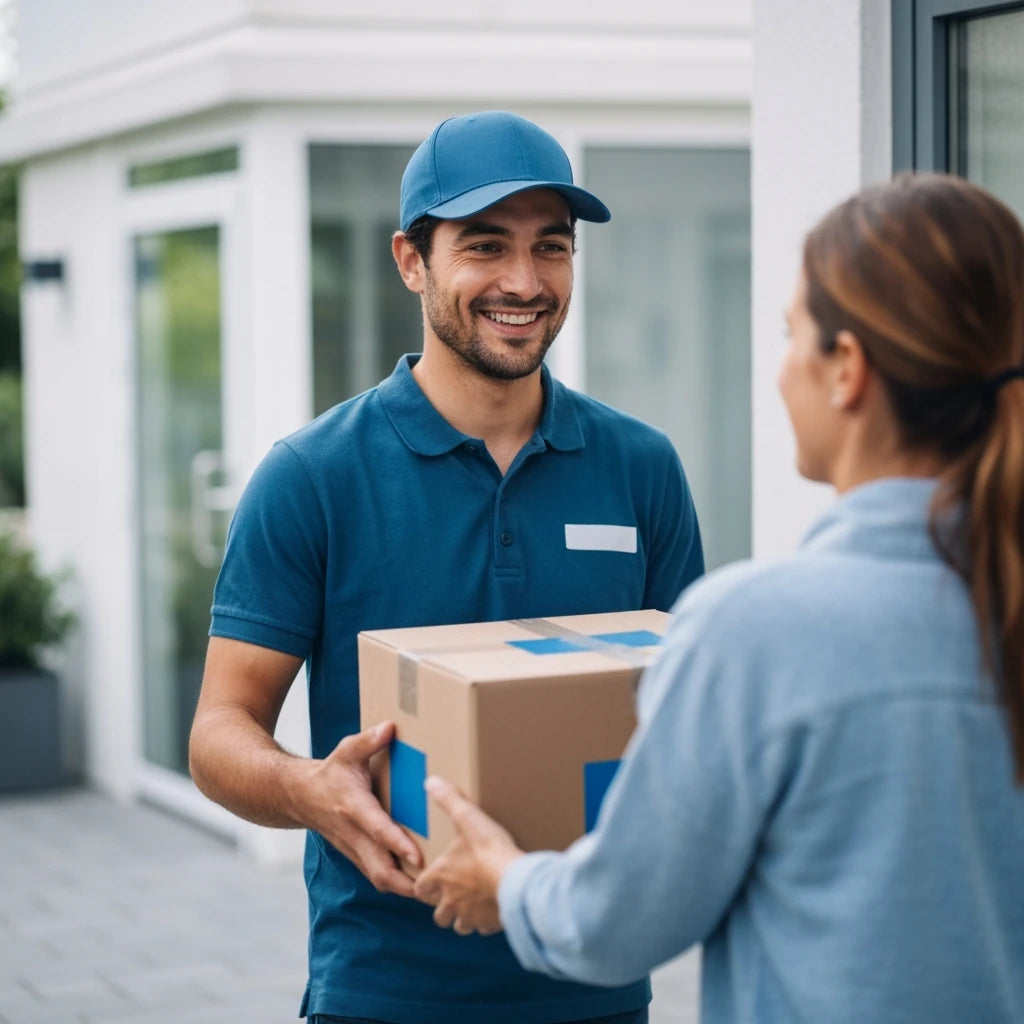 Delivery person in blue uniform handing over a package to a recipient outside a building.