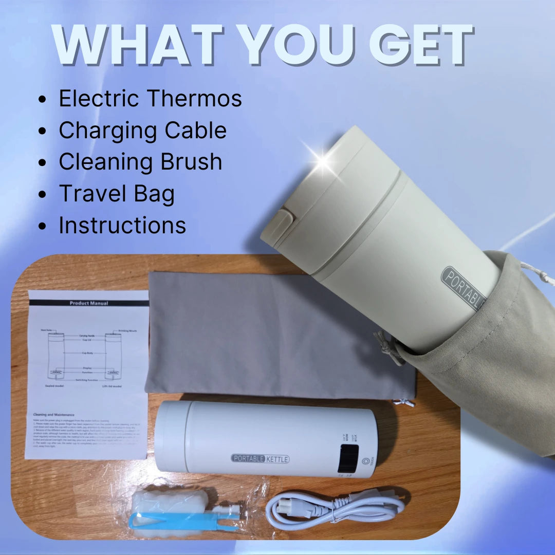 Electric thermos with accessories on a wooden surface against a blue background