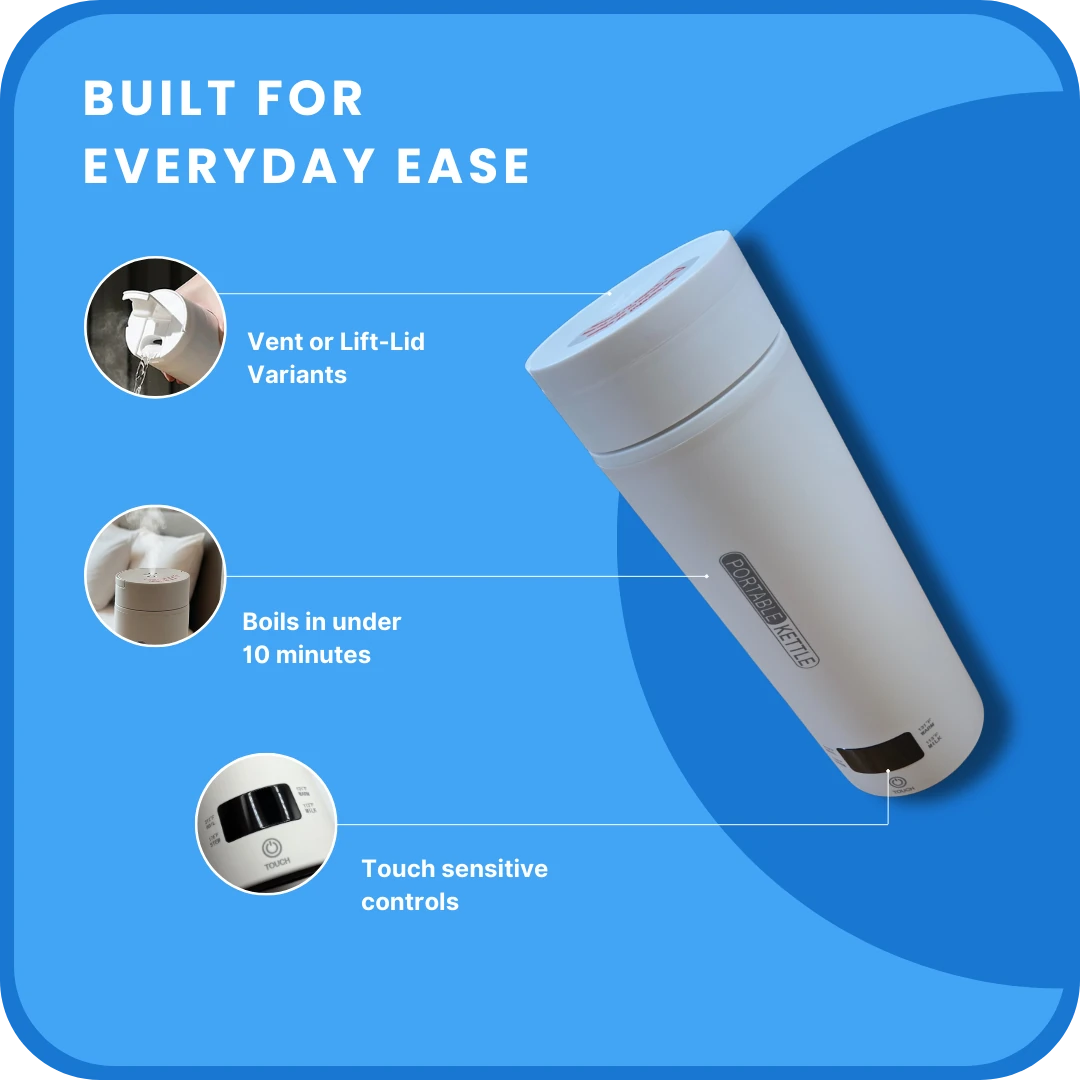 White electric heating thermos on a blue background with features highlighted