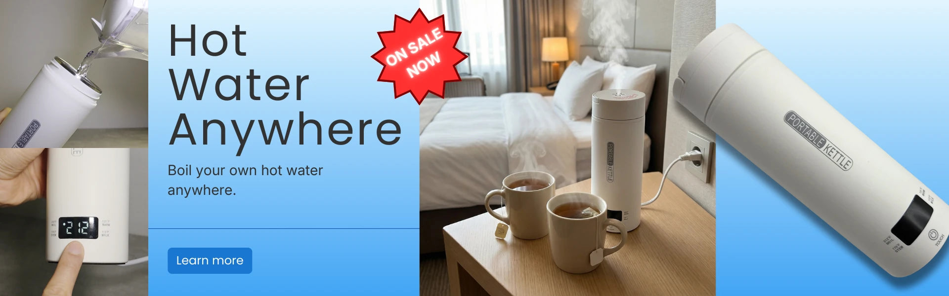 Homepage banner of the electric water thermos product with text display, 'Hot Water Anywhere', and 'On Sale Now' label.