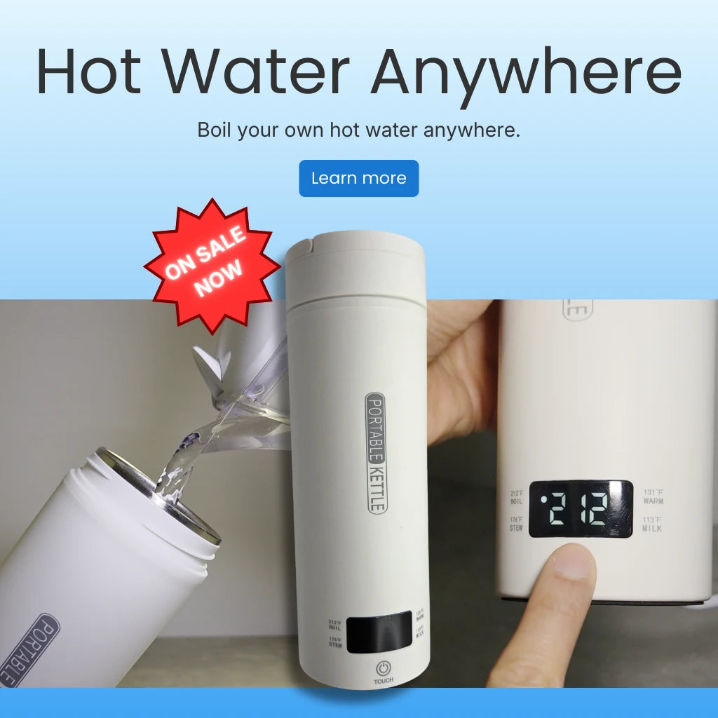 Homepage banner of the electric water thermos product with text display, 'Hot Water Anywhere', and 'On Sale Now' label.
