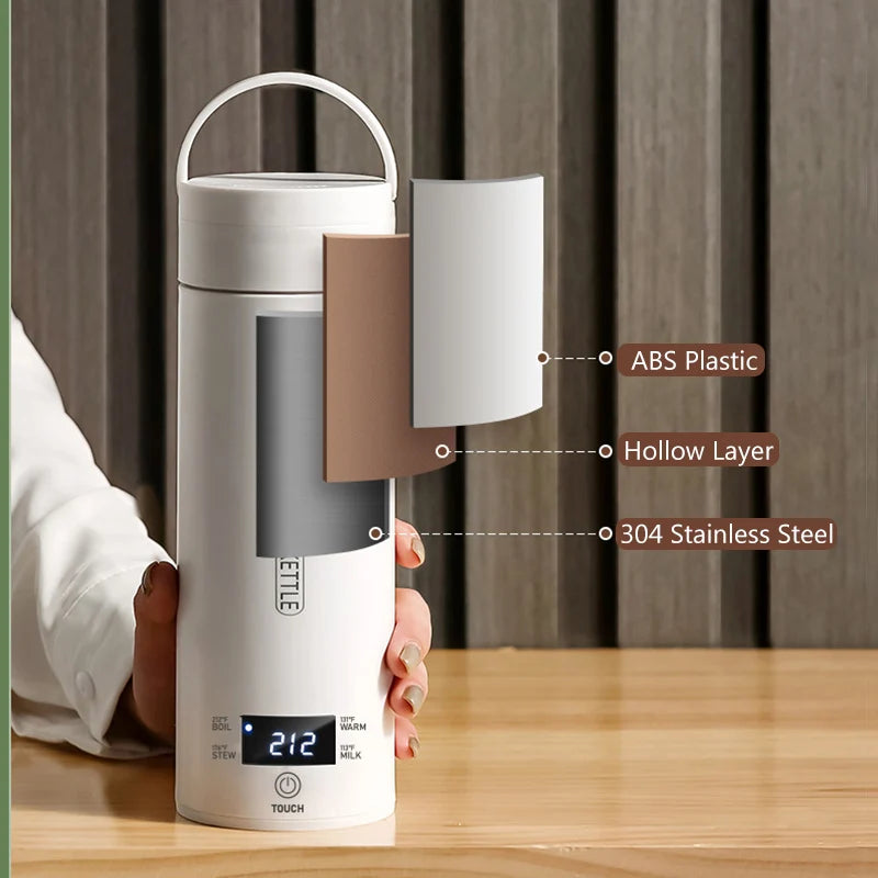 White electric thermos bottle with digital display held by a person, showing material components on a wooden surface.