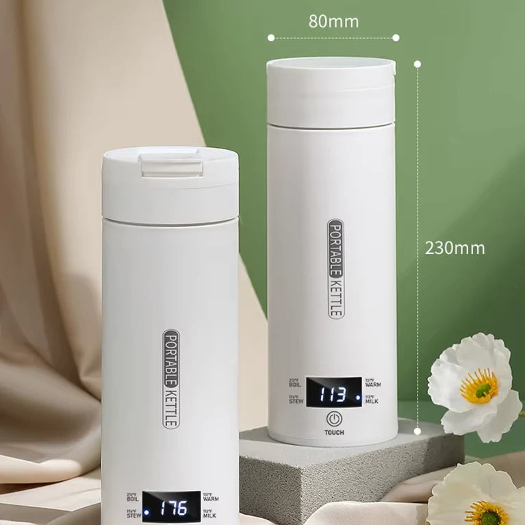 Two white electric thermos's with digital displays on a neutral background with 80mm width by 230 mm length measurements displayed.