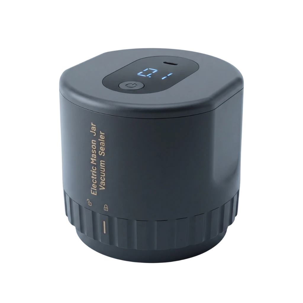 A electric mason jar vacuum sealer device with a digital display showing '01' on top, photographed on a solid white background.