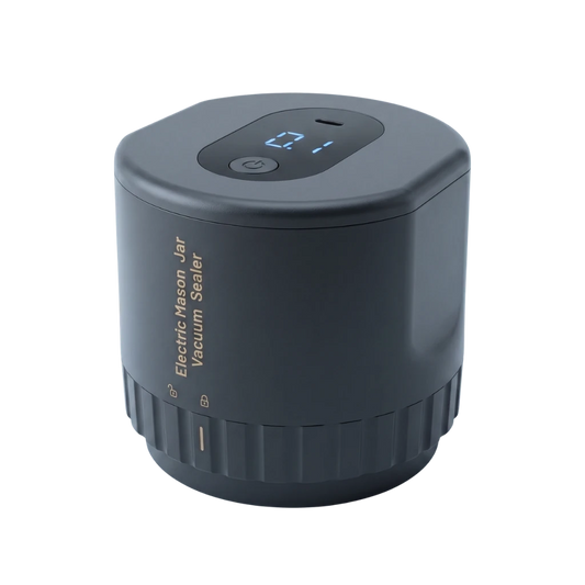 A electric mason jar vacuum sealer device with a digital display showing '01' on top, photographed on a solid white background.