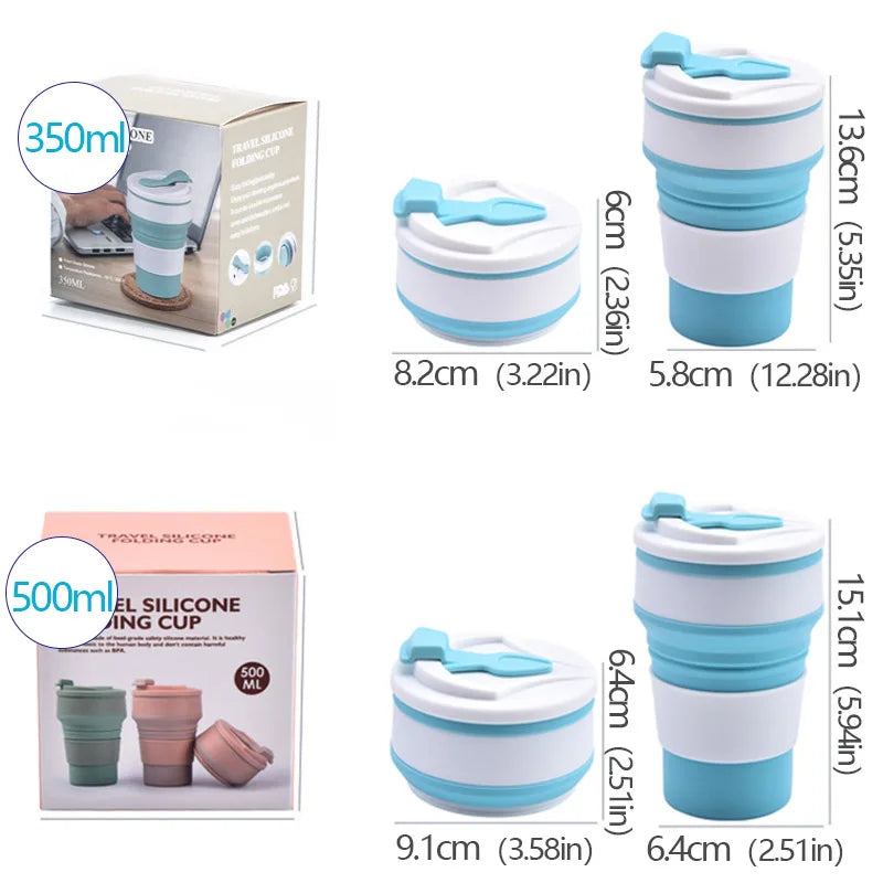 Collapsible silicone cup with measurements and packaging on a white background