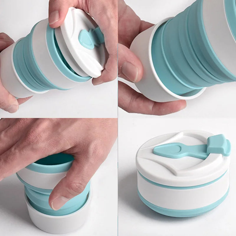 Collapsible cup with blue and white design being held and opened on a light gray background