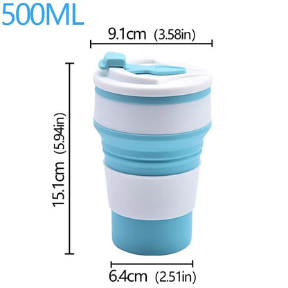 Collapsible travel mug with blue and white design, showing dimensions on a white background.