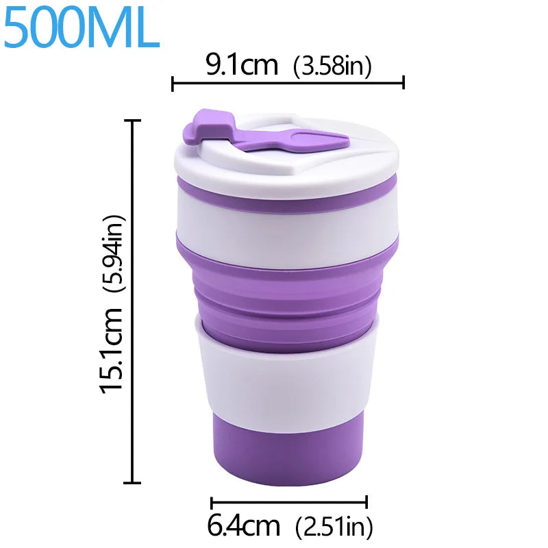 Collapsible purple and white mug with measurements on a white background
