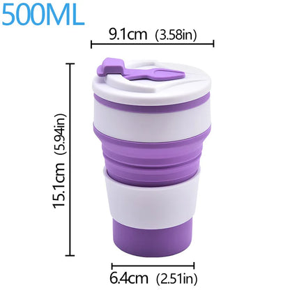 Collapsible purple and white mug with measurements on a white background