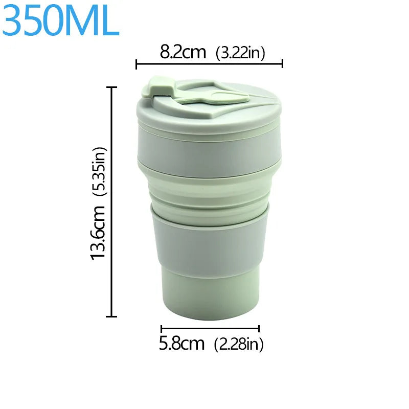 Collapsible travel mug with measurements on a white background