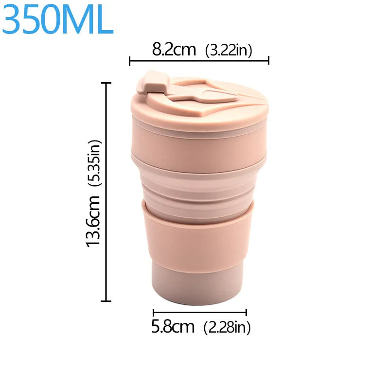Collapsible travel mug with measurements on a white background
