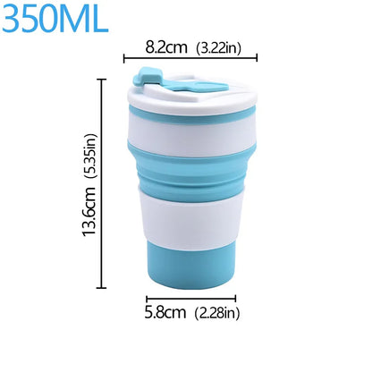 Collapsible travel mug with measurements on a white background