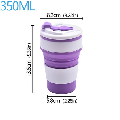 Collapsible purple and white mug with measurements on a white background