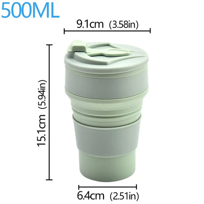 Collapsible travel mug with dimensions labeled on a white background