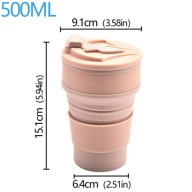 Collapsible pink mug with measurements on a white background