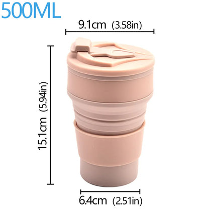 Collapsible pink mug with measurements on a white background