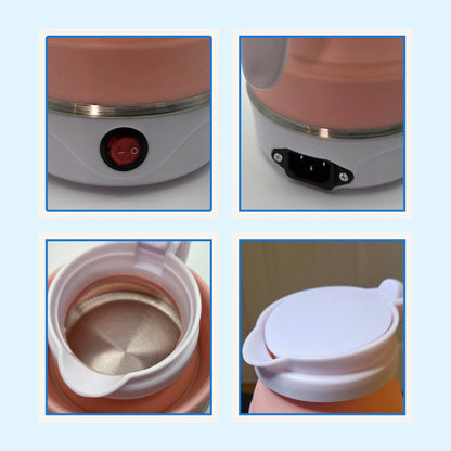 Collage of a small electric appliance with close-up details on a light blue background