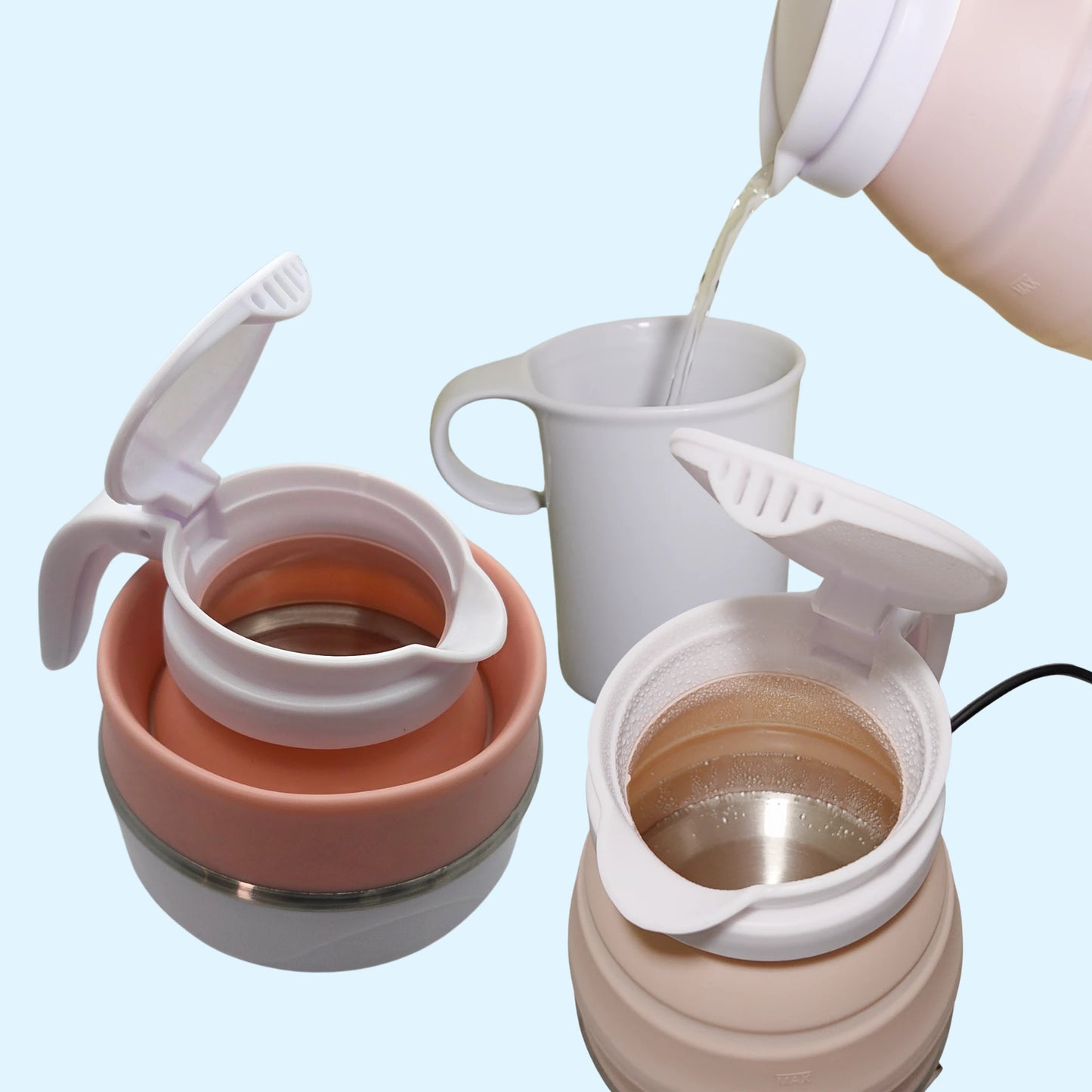 Collage of the folding electric travel kettle pouring water out into a mug, collapsed with lid open, and expanded with lid open and hot water inside.