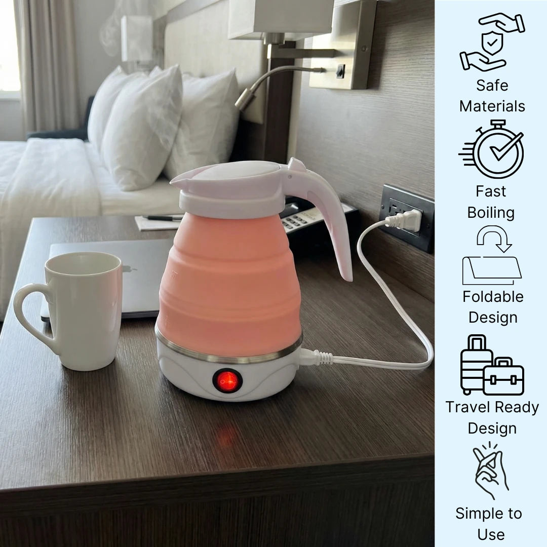 Pink electric kettle on a nightstand with a cup and remote control in a bedroom setting along with features listed along the bottom.