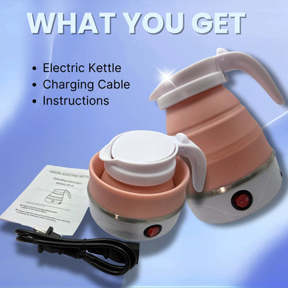 Portable electric kettle with charging cable and instructions on a blue background