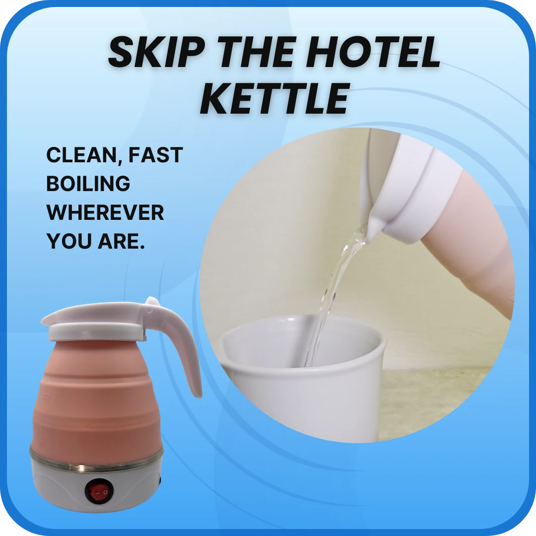 Collapsible electric kettle being used to fill a cup with water, set against a blue background with promotional text.