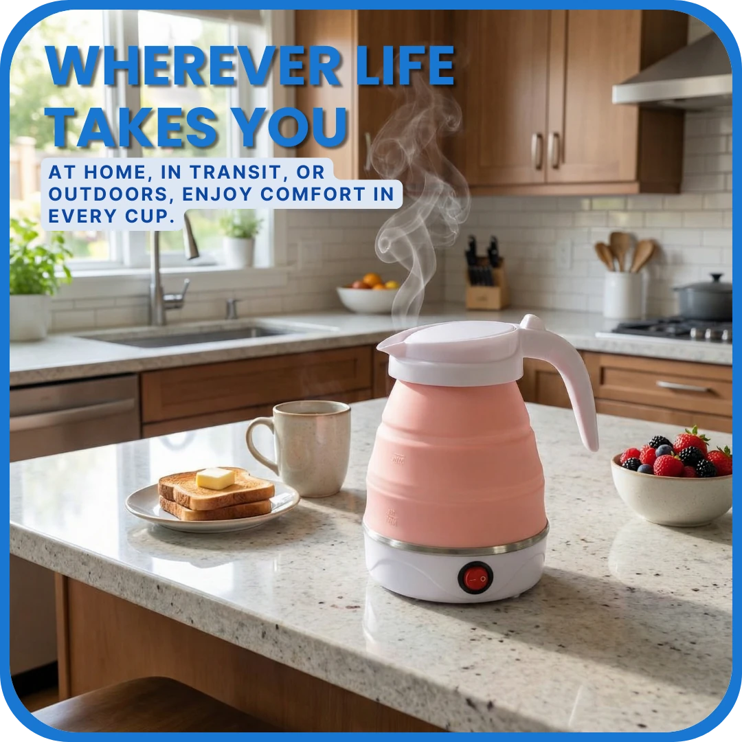 Pink electric kettle on a kitchen counter with toast, coffee, and berries.