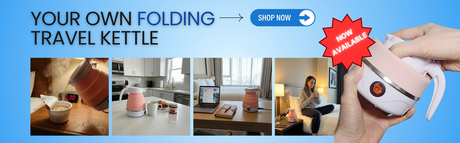 Promotional banner for a folding electric kettle with images of its use and a 'Shop Now' button.